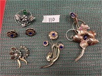LOT OF VINTAGE STERLING FLORAL RHINESTONE BROOCHES