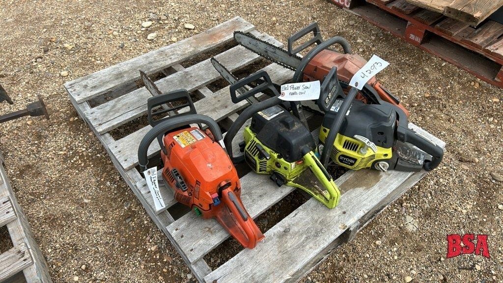 4 Chain Saws-2 running, 1 runs when primed,1 needs