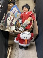 Christmas decorations, doll, household items.