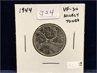 1944 Canadian Silver 25 Cent Piece  VF30  Toned