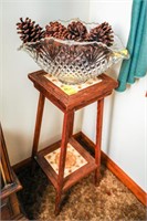 (2) Floral Pictures; Small Tile Top Stand; Glass