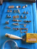 Lot of cufflinks, tie clasps, fishing lure-