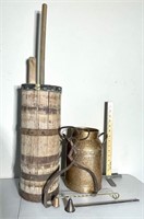 Ice tongs, copper milk can/vase,