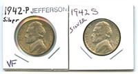 2 Jefferson WWII Nickels - 1942-P & 1942-S, 35%
