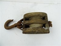 Antique Wood & Iron Industrial Pulley Hook