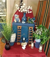Blue wicker hamper, 3 heavy blue vases (one has