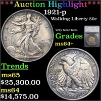 *Highlight* 1921-p Walking Liberty 50c Graded ms64