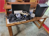 DESK, CHAIR, COMPUTER MONITOR, PAPER