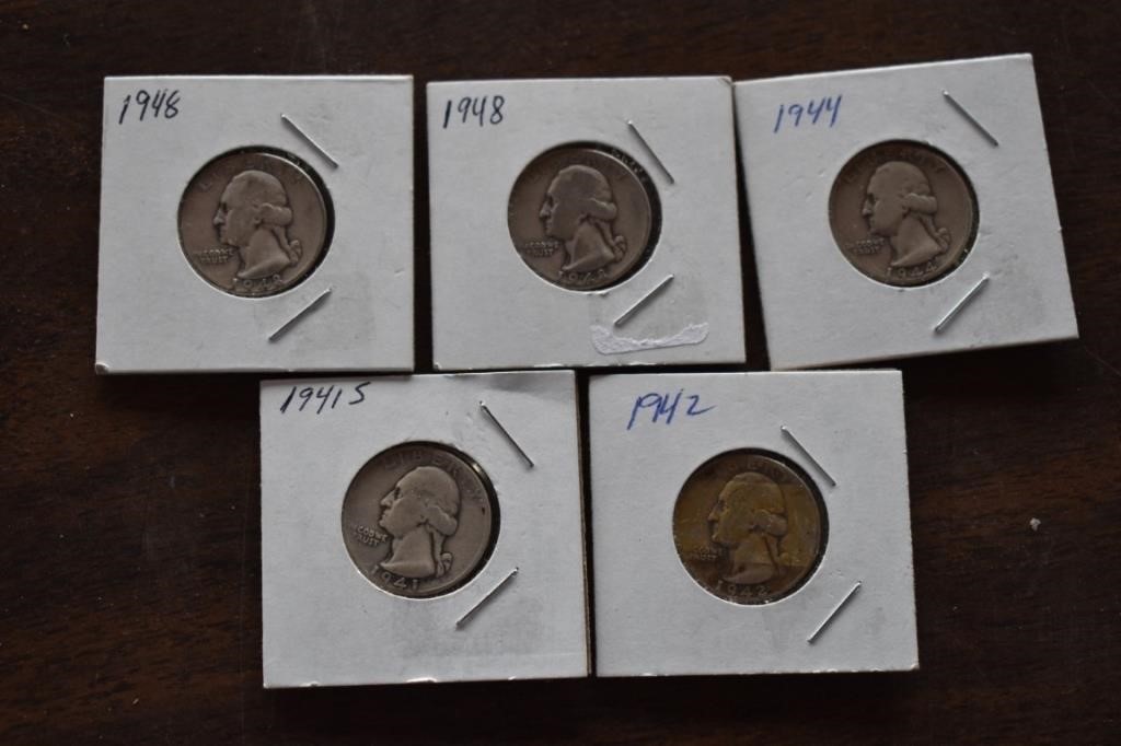 1940â€™s Washington Quarters (5) -90% Silver Coins