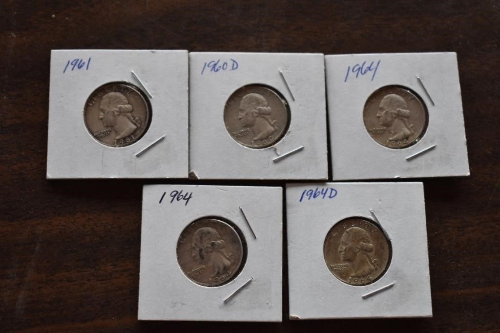 1960-64 Wash Quarters (5) -90% Silver Coins