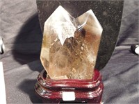 Double Point Smoky Quartz crystal with wood base