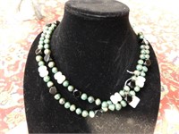 Green Pearl, Jet and Jade Necklace - knotted