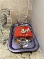 Cosmo Glasses, Vtg. Napkins, & Cognac Tray