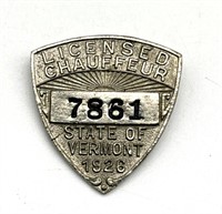 1926 Vermont Licensed Chauffeur Pin Badge 1.25”