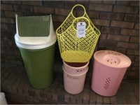 2 green kitchen & 3 pink trash cans; yellow