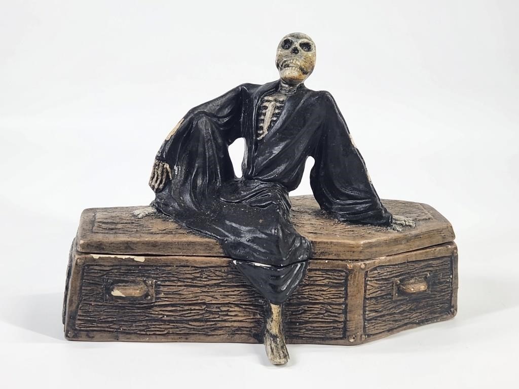 CERAMIC SKELETON ON COFFIN LIDDED BOX