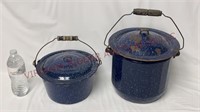 Vintage Blue & White Enamelware Wood Handle Pots