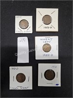 5- asst lincoln wheat pennies (display case)