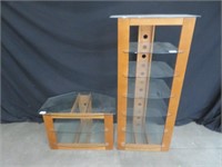 2 WOODEN & GLASS SHELVING UNITS (7 TIER & 3 TIER)