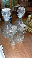 2 Clear glass decanters 10 in tall and cruet set