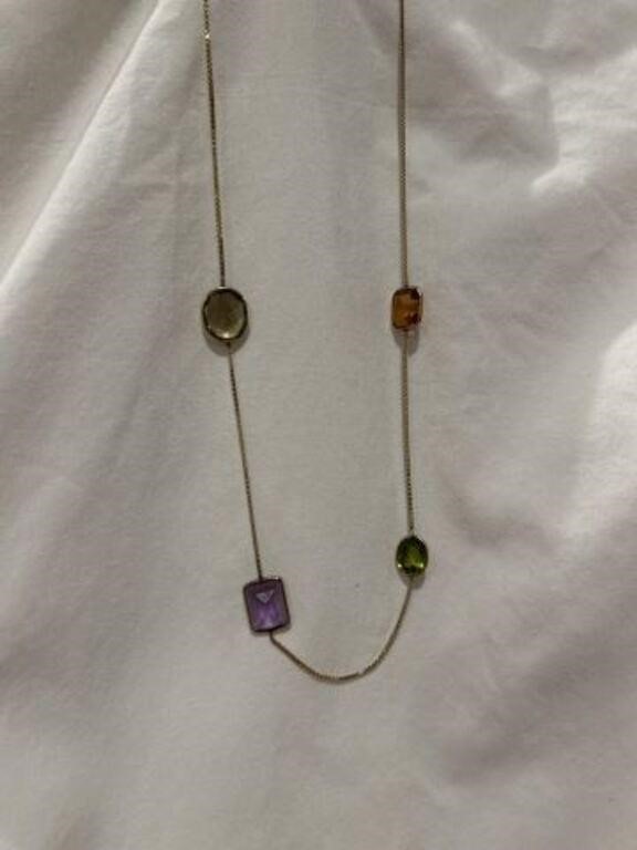 NICE 14KT GOLD NECKLACE WITH MULI COLORED STONES