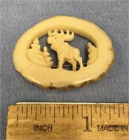1 1/2" antler pin, with moose in trees scene by G.