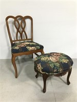 Vintage wood chair and ottoman w/ floral cushions