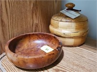 2 PC CARVED WOOD, BOWL, COVERED JAR 9X7