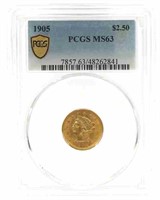 1905 US LIBERTY HEAD $2.50 GOLD COIN PCGS MS63