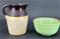 Antique Stoneware Pitcher & Green Stoneware Bowl