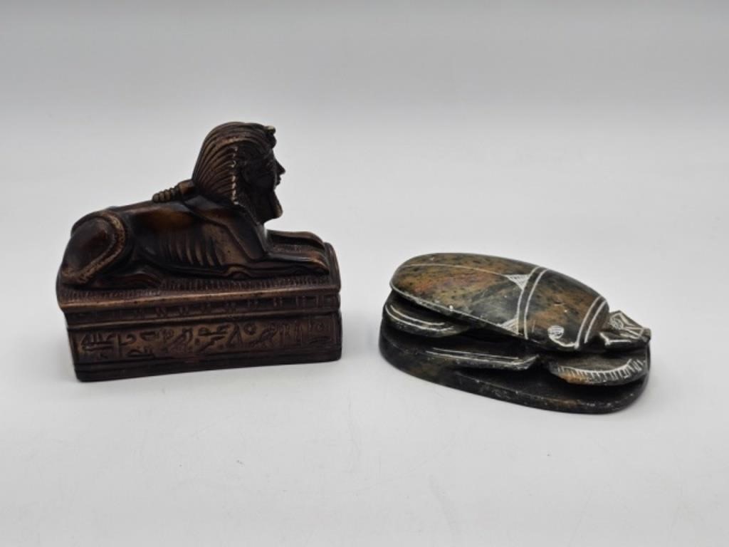 EGYPTIAN CARVED SOAPSTONE SCARAB & SPHINX