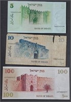 5, 10 & 100  Shekel  Banknotes from Israel