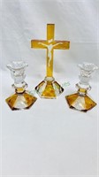Three piece set, amber and cut clear glass