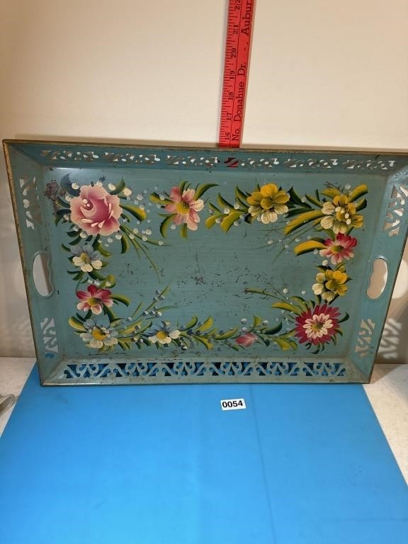 1950s Vintage Hand-Painted Floral Tole Tray