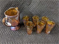 Carnival Glass Pitcher with 6 Tumblers