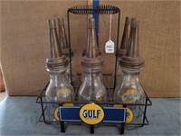 GULF OIL METAL CARRIER W/ 6 SPOUTED BOTTLES