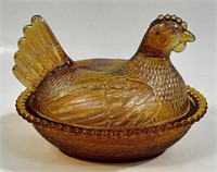 PRETTY AMBER CARNIVAL GLASS BUTTER HEN