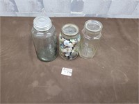 3 Antique jars. One green glass, one with buttons