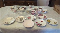 VINTAGE TEA CUPS AND SAUCERS AND 2 CANDY DISHES