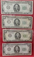 Four 1934 One Hundred Dollar Federal Reserve Notes