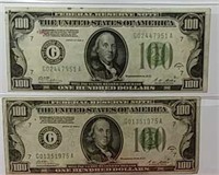 Two 1928 One Hundred Dollar Federal Reserve Notes