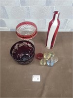 Red candy dish, vase, bowl, and colour glasses