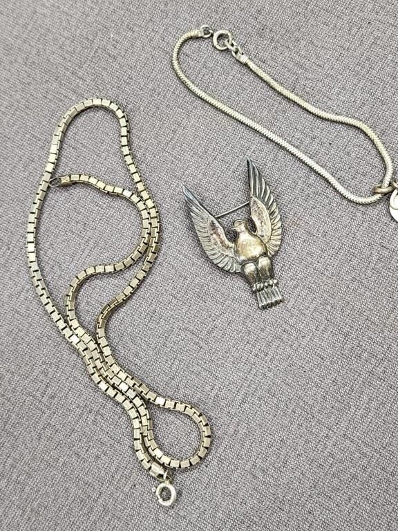 Sterling silver necklace, Eagle pin and bracelet.