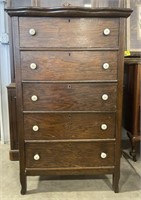 (AG) Wood chest of drawers. Decorative top