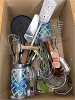 Box of miscellaneous kitchen tools, spatula,
