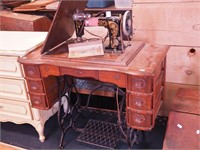 Vintage oak six-drawer sewing machine by