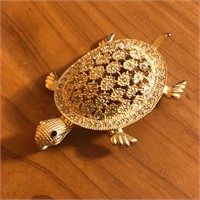 Gold Tone Rhinestone Turtle Brooch Pin or Pendant