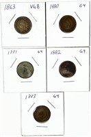(5) Indian Head Cent Lot 1863,1880,1881,1882,1883