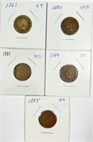 (5) Indian Head Cent Lot 1863,1880,1881,1884,1885