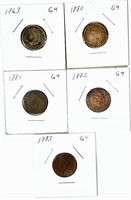 (5) Indian Head Cent Lot 1863,1880,1881,1882,1883